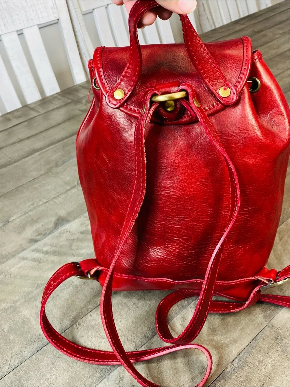 Vera Pelle Italian Red Leather Mini Backpack Vintage Drawstring Flap Bag Italy